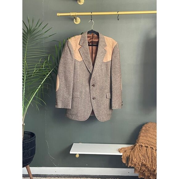Pendleton VTG Mens Western Sport Coat 42R Brown Herringbone Tweed Suede Patches - Picture 1 of 8